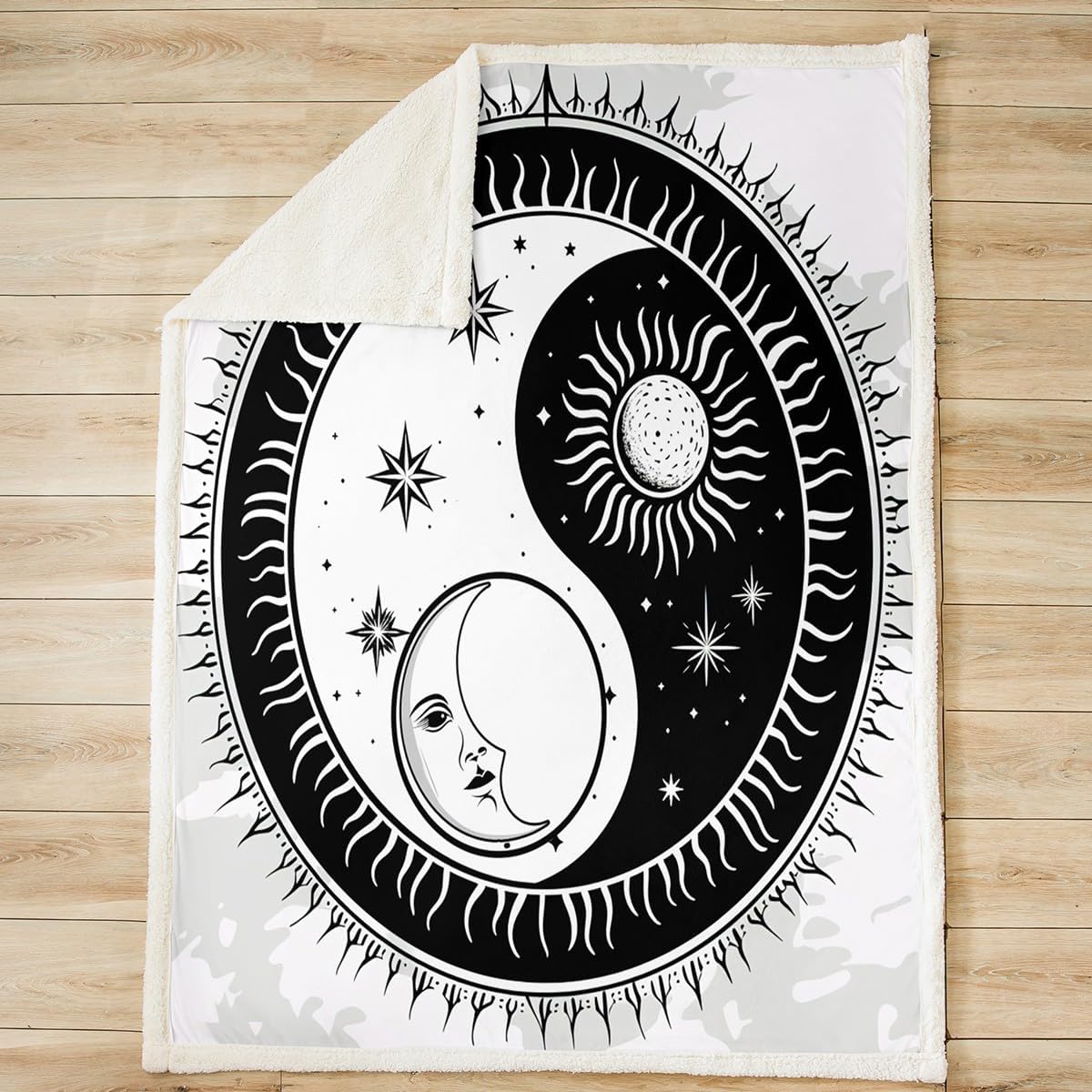 Yin Yang Fleece Throw Blanket Boho Moon Sun Plush Blanket for Bed Sofa Couch Bohemian Trippy Sherpa Blanket Psychedelic Peace Sign Pattern Fuzzy Blanket Room Decor Queen 90"x90"