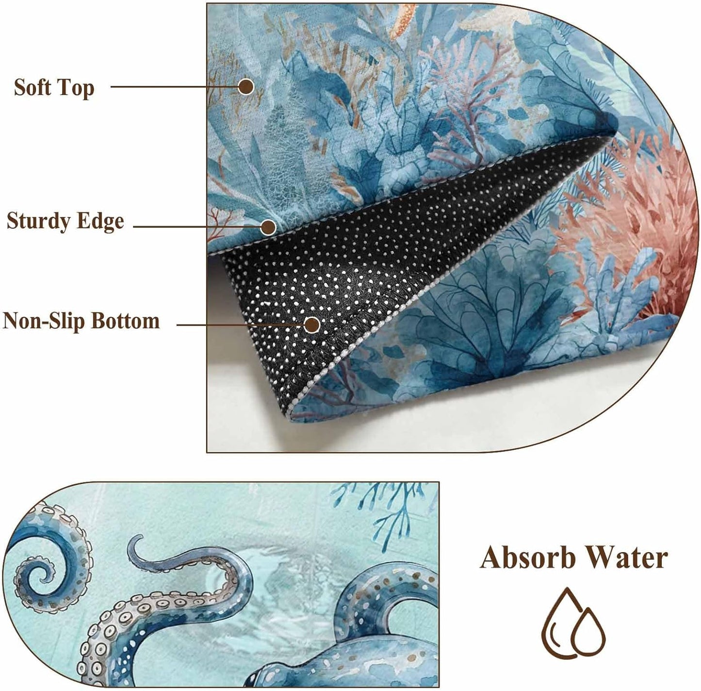 2x3 Ft Entryway Area Rug, Coastal Octopus Blue Kitchen Rug Runner Washable Floor Mat, Summer Beach Nautical Coral Starfish Non Slip Indoor Door Mat Throw Carpet for Bathroom Living Room