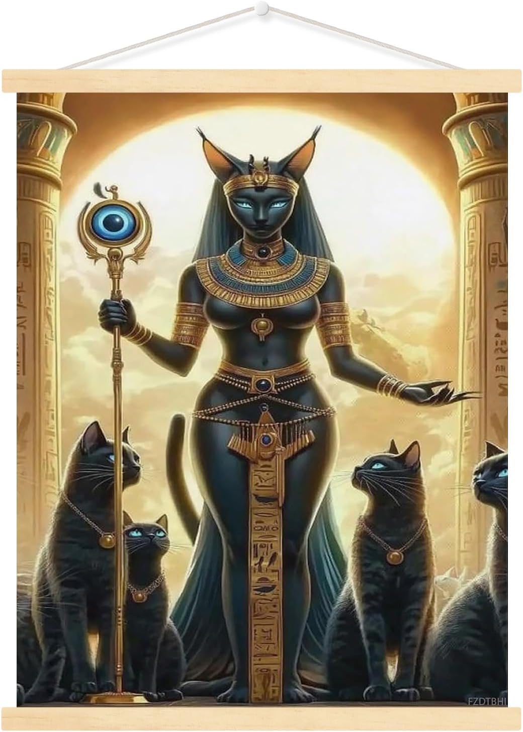 Ancient Egyptian Bastet Black Cats Golden Poster Canvas Wall Art Aesthetic Posters Prints Wall Decor for Bedroom Dorm Living Room Paintings Pictures Wall Decor Framed 12x16inch