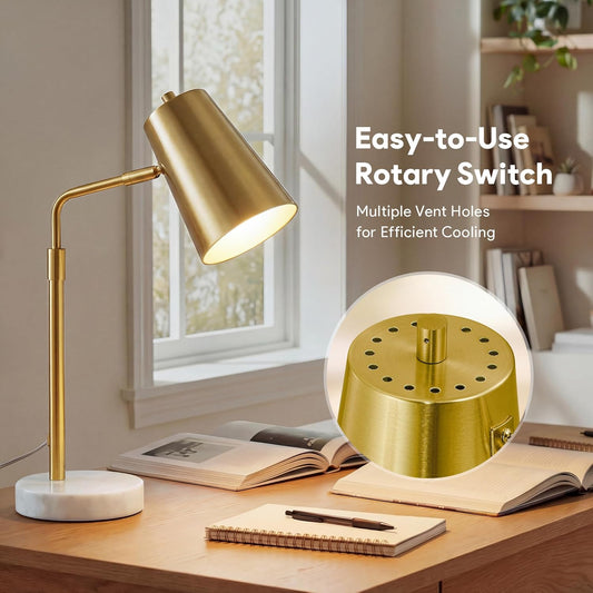 VONLUCE Gold Desk Lamp with LED Bulb Adjustable, Antique Brass Metal Table Lamp Marble Base, Mid Century Modern Reading Lamp Office, 20’’ Industrial Task Lamp Work Lamp for Reading Bedroom