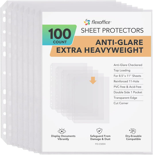 100 Pack, Heavy Duty Sheet Protectors 8.5 x 11, Clear Finish, Top Loading 9.25 x 11.25 inch, Clear Page Protectors, Plastic Sleeves Reinforced 11-Hole Fit for 3 Ring Binder