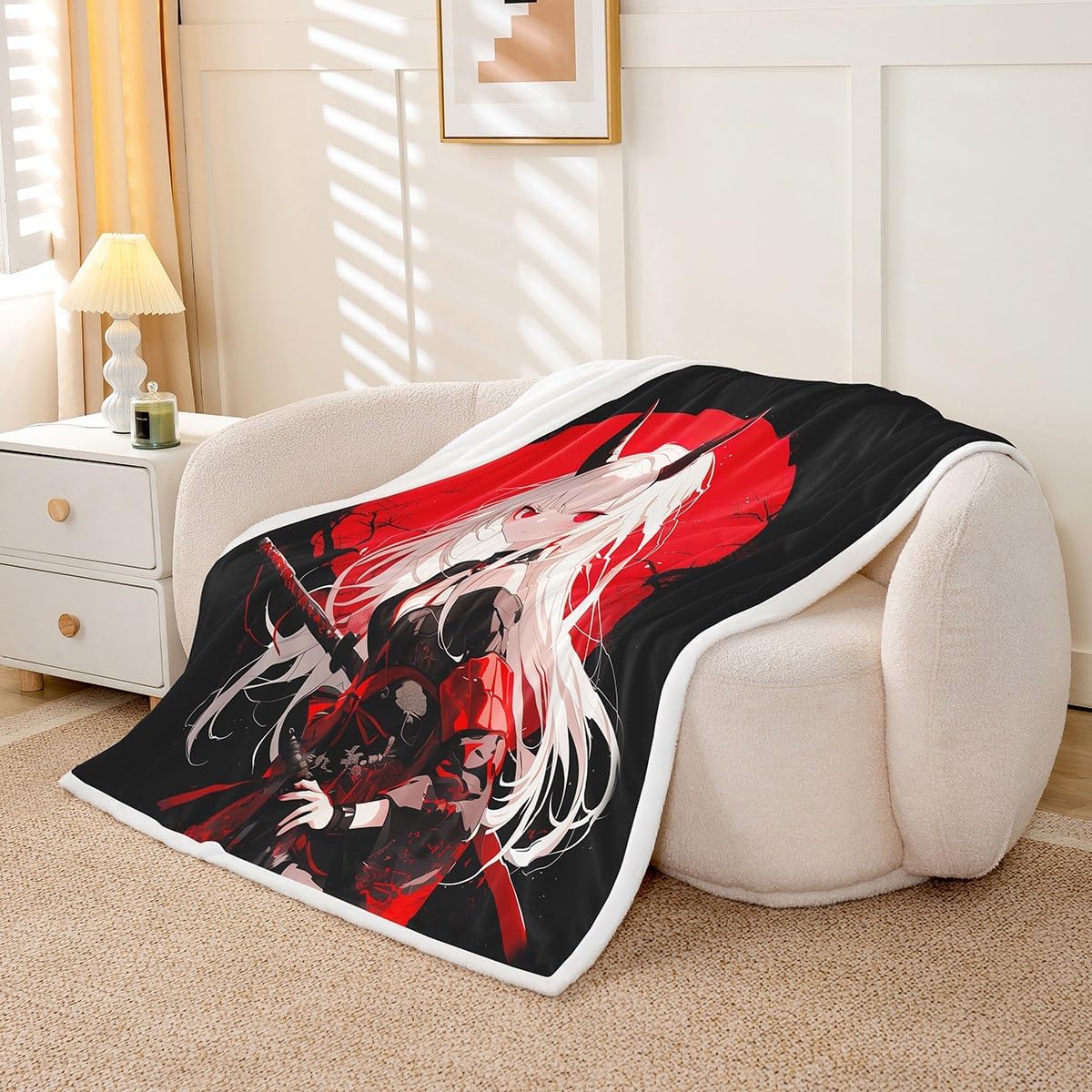 Erosebridal Throw Size Japanese Anime Throw Blanket for Kids, Anime Girl Decor Kawaii Japanese Fleece Sherpa Blanket Cartoon Japan Animation Bed Set for Boys Teen Adult Women Bedroom,Red Black