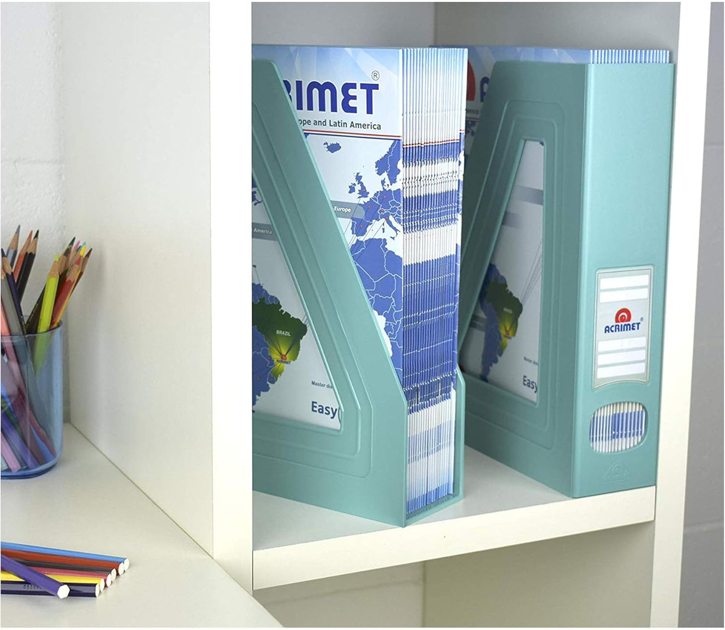 Acrimet Magazine File Holder – Vertical Rack for Documents, Folders and Mail, Durable Plastic Desk Organizer for Office & Home, Solid Green (2 Pack)
