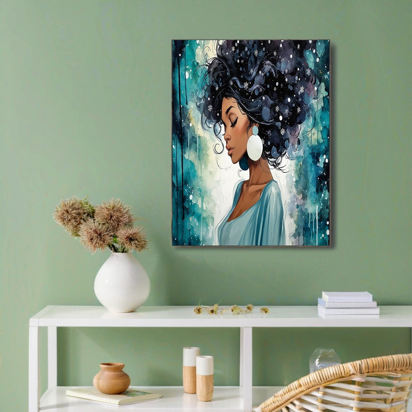 GDJSMIN Watercolor Style Wall Art, Beautiful Black Woman Light Blue Dress Poster for Reading Room Living Room Decor 16x 24 inch Unframed