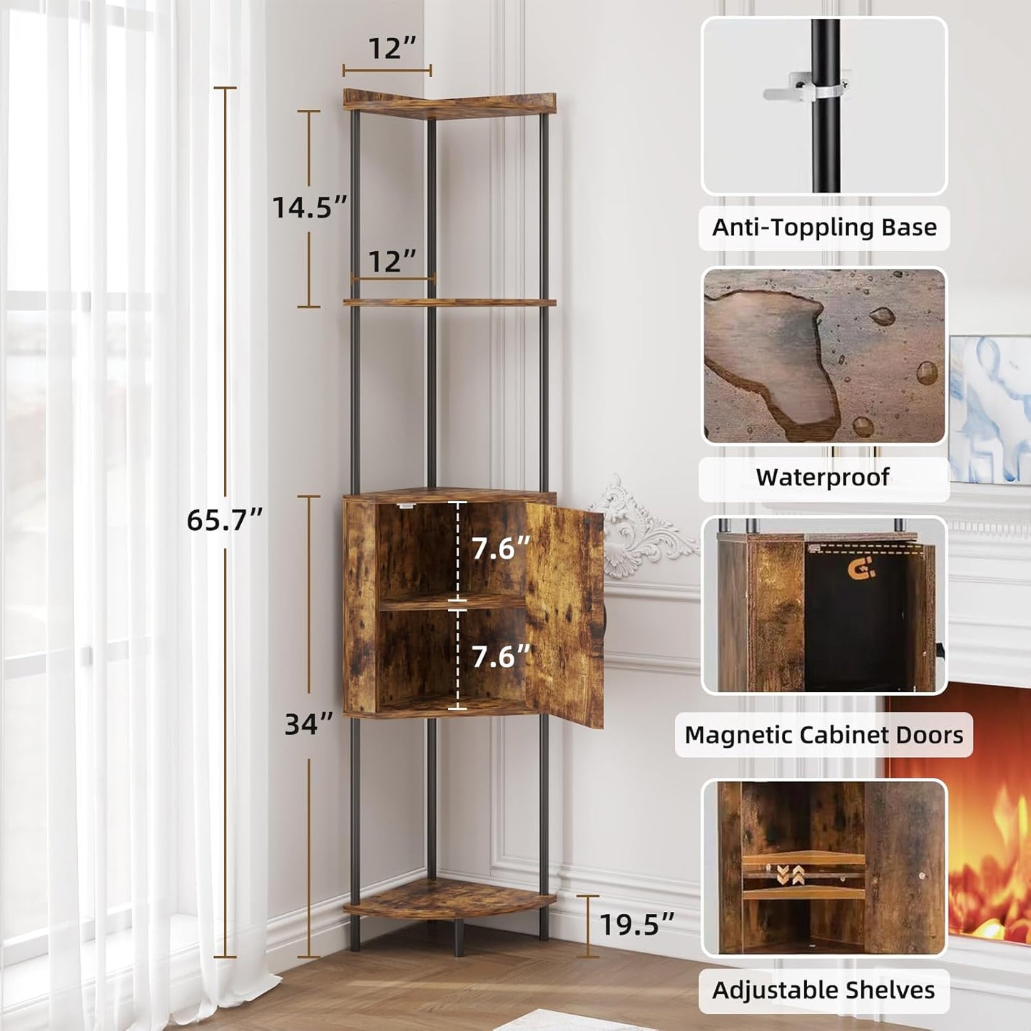 65.7" Rustic Brown Corner Bookshelf with Doors, 5 Tier Tall Corner Cabinet with Storage, Metal & Wood Corner Shelf Unit for Living Room, Bedroom, Kitchen, Bathroom