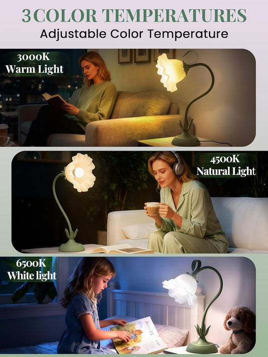 Flower Table Lamp, LED Reading Light Bedside Vintage Flower Desk Lamp, 3 Color Modes Kawaii Bedside Lamps, Nightstand Table Lamps for Living Room Office Bedroom Lighting Home Decor (Green)