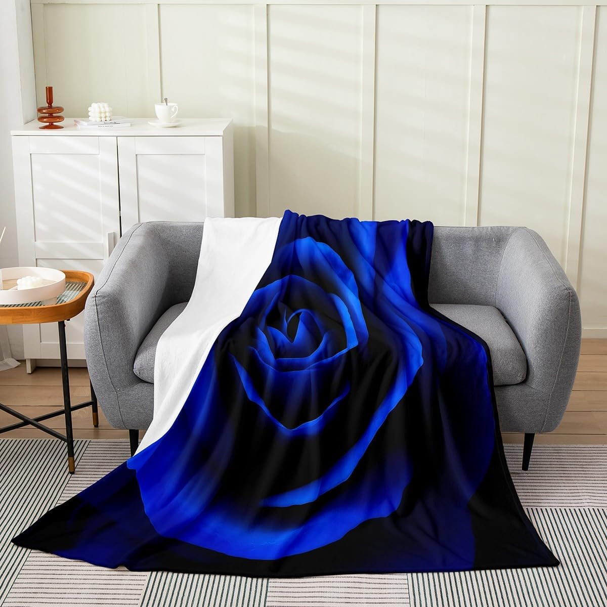 Erosebridal Rose Blanket Twin 60x80 Inch Blue Rose Throw Blanket Romantic Theme Fleece Blanket for Women Girls Wife Couple Valentine's Day Print Flannel Blanket
