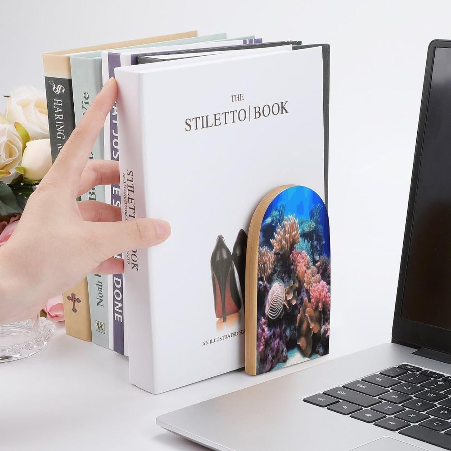 Underwater World Coral Bookends 1 Pair Heavy Duty Book Ends for Shelves Non-Skid Bookend Supports Wooden Book Holders with Metal Base Desk Organizers Books Storage to Hold Books