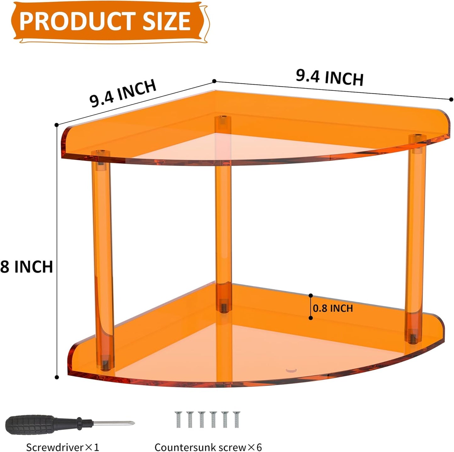 2 Tier Acrylic Corner Shelf Organizer Storage 9.5x9.5x8 Inch, Orange Countertop Corner Shelf for Bathroom, Kitchen, Bedroom, Office, Study Room