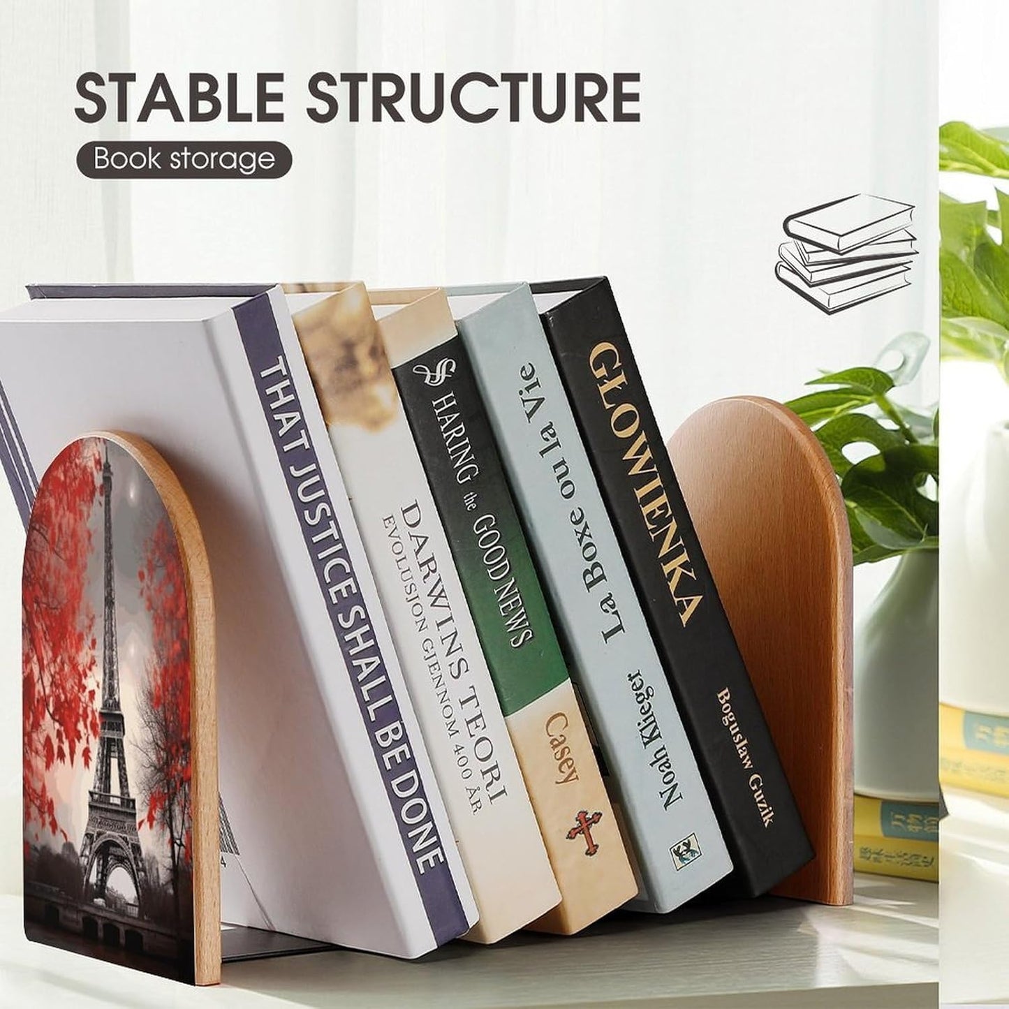 Eiffel Tower Autumn Leaves Bookend for Shelves Wooden Book End Large Size Sturdy Book Holders Stoppers with Metal Base for Bookshelves Slick Decorative Bookends Stands