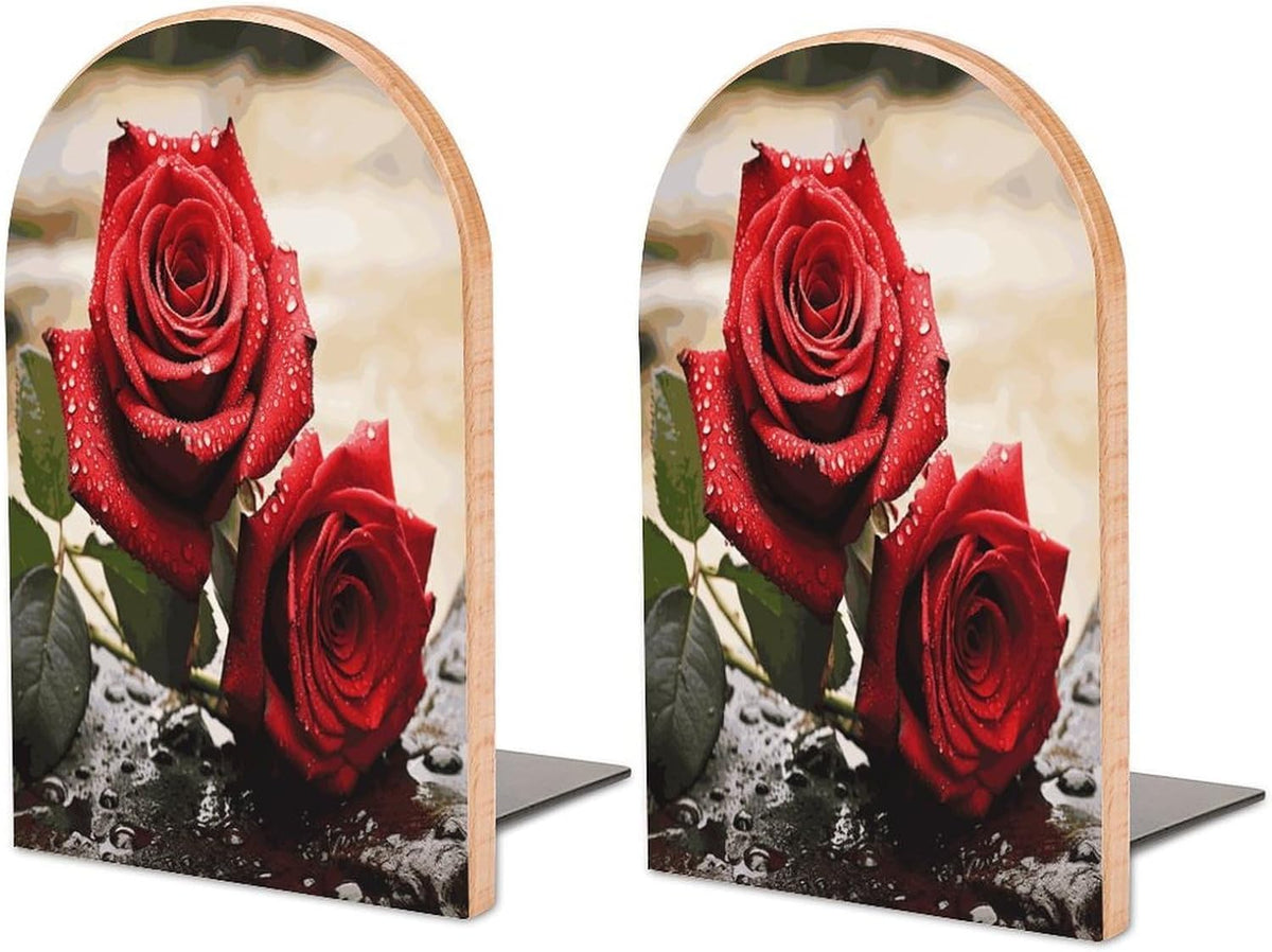 Red Rose Flowers Wooden Bookend Non-Slip Book Ends Heavy Duty Book Stopper with Metal Base Books Holderd Decorative Bookends Stands Firmly for Office Supplies