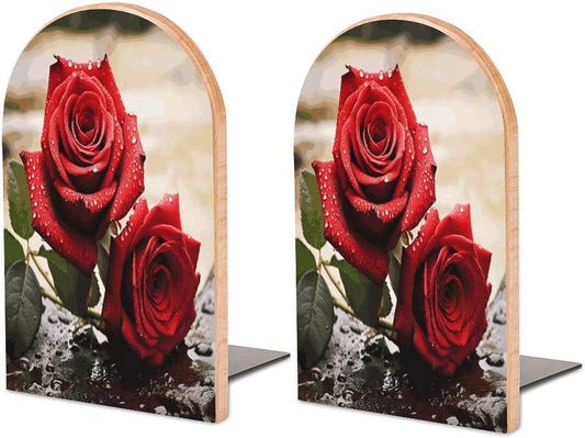 Red Rose Flowers Wooden Bookend Non-Slip Book Ends Heavy Duty Book Stopper with Metal Base Books Holderd Decorative Bookends Stands Firmly for Office Supplies