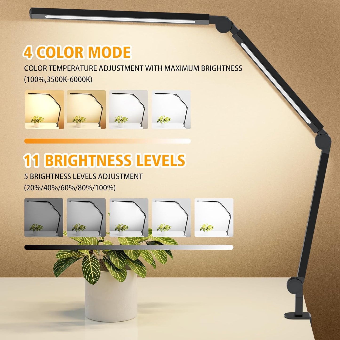LED Desk Lamp with Clamp, Adjustable Swing Arm for Home Office, Dimmable Tempering Eye Care, Bright Modern Led Table Lamp for Nail Tech Architect, Flexible Tall Task Table Light