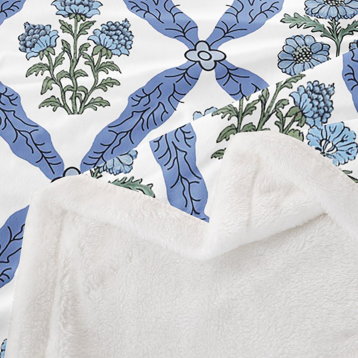 Erosebridal Blue Block Fleece Throw Blanket Baby 30"x40" Boho Plush Sherpa Blanket Cute Aesthetic Florals for Women Girls Abstract Botanical Farmhouse Vintage Garden Room Decor