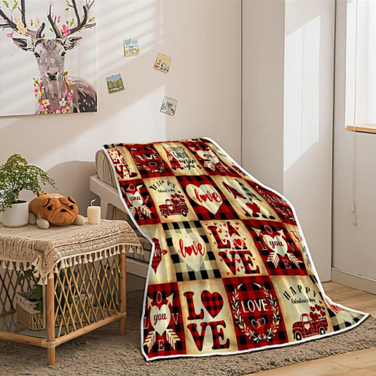 Happy Valentine's Day Throw Blanket, Buffalo Check Plaid Red Truck Gnomes Couples Lovers Lunch Rest Blanket, Cupid Sword Sweet Heart Blankets for Bed Couch Sofa 50X60IN