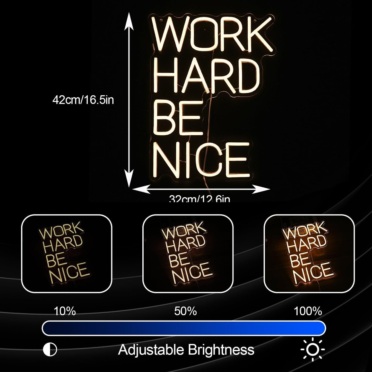 Work Hard Be Nice Neon Sign for Wall Decor Warm White Neon Light Powered by USB Dimmable LED Letters Neon Light Sign for Office Study Room Classroom Bedroom Meeting Room Neon Decor