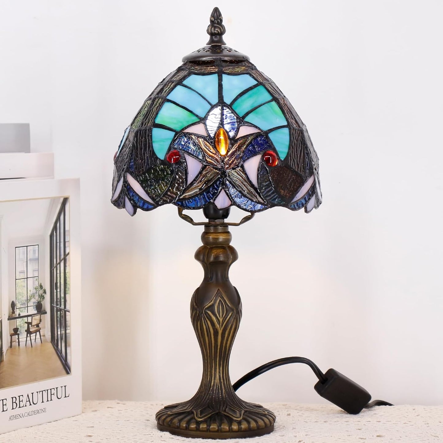 Small Tiffany Lamp Stained Glass Table Lamp Mini Desk Accent Light for Bedroom Bedside Reading Home Antique Style Decor 8X15 Inches (Green)