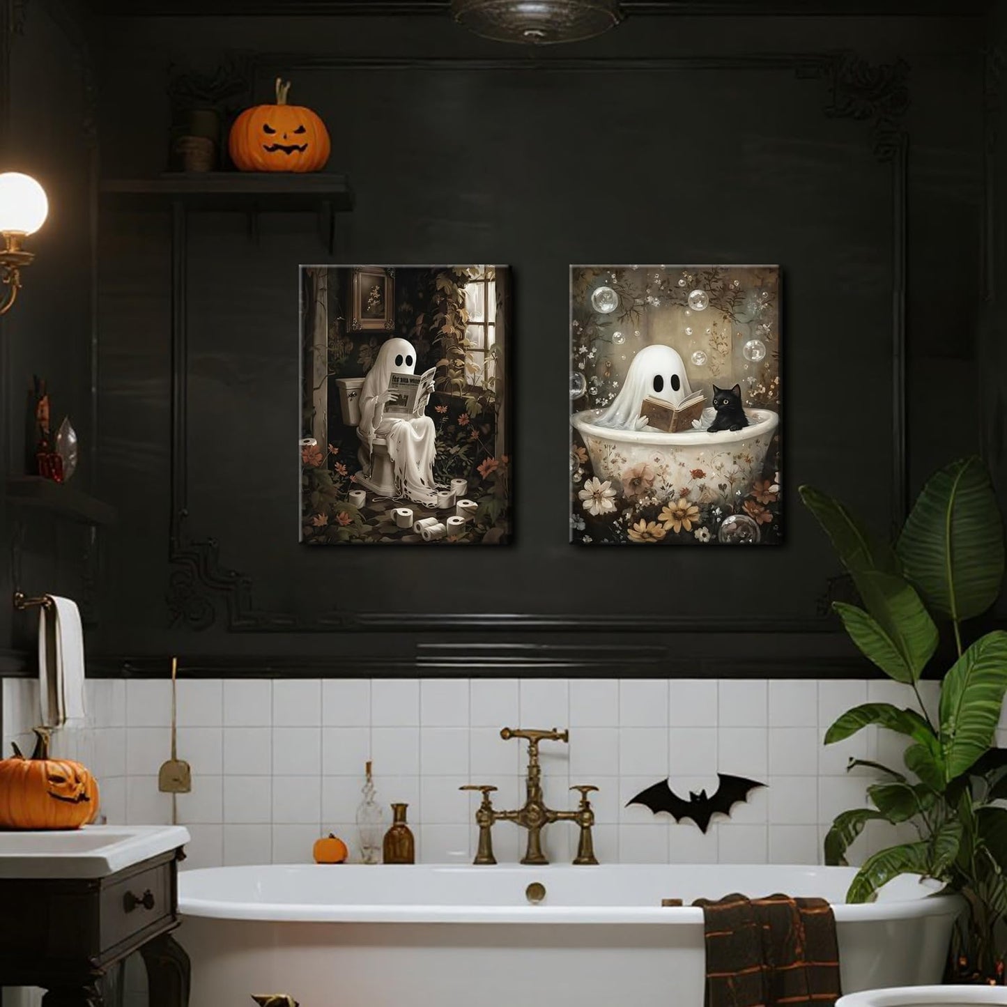 Halloween Ghost Bathroom Wall Art Set of 2, Funny Gothic Wall Decor Ghost and Black Cat in Bathroom Poster Canvas Prints Artwork Dark Academia Pictures for Bedroom Living Room 12x16 inch Framed