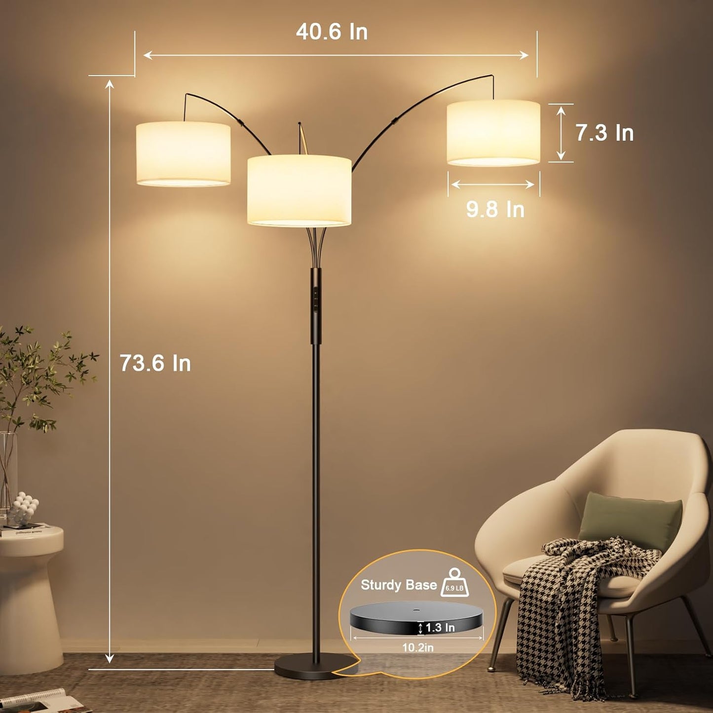 36W Dimmable Floor Lamp - 3 Lights Arc Floor Lamps Standing Lamp with Remote & Touch Control, Tall Lamp for Living Room Corner, Bedroom, Office