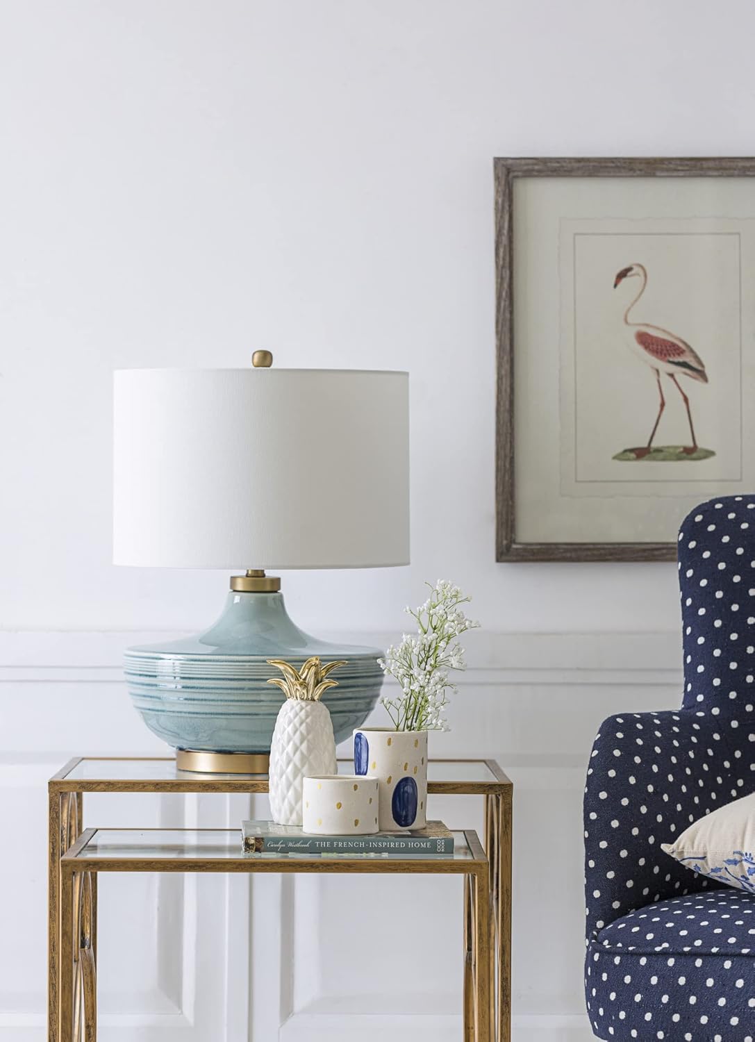 Creative Co-Op Striped Aqua Ceramic Table Lamp with White Linen Shade