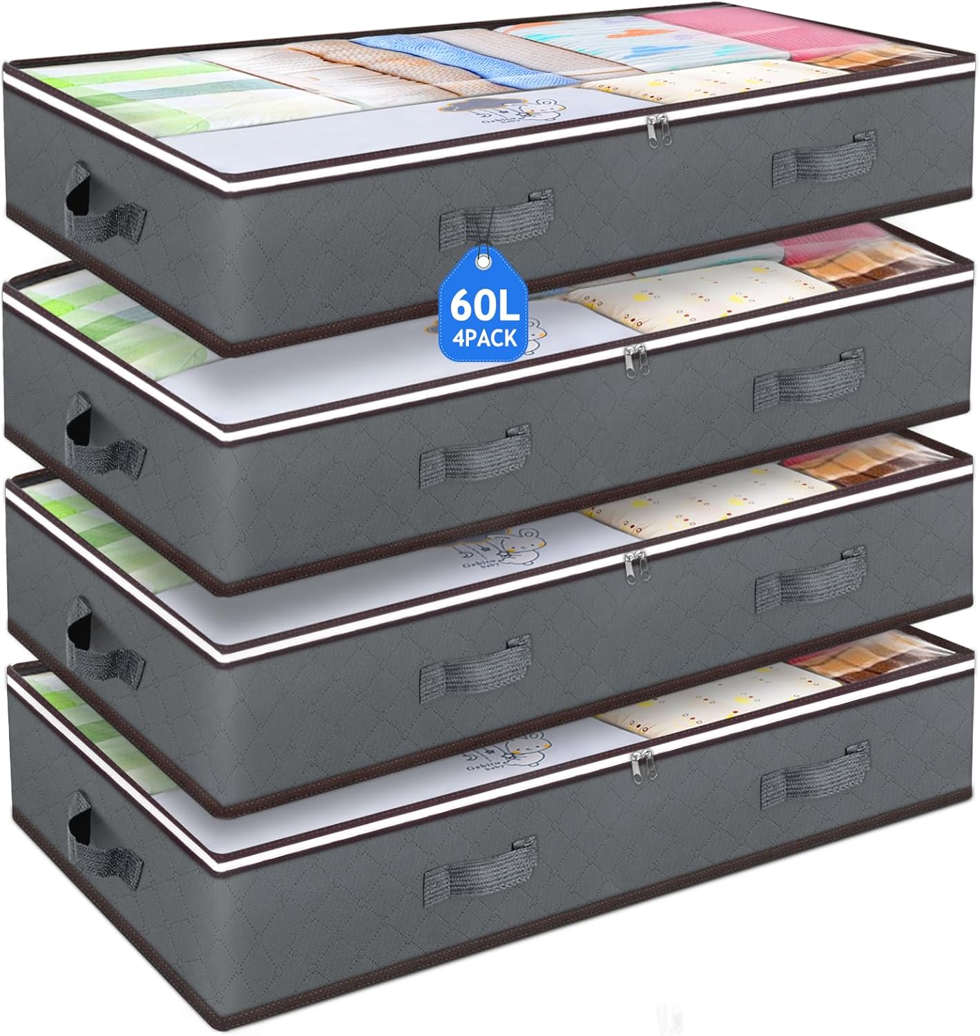Budding Joy 60L Under Bed Storage Containers, Storage Bins with Clear Lids, Foldable Closet Organizers for Clothes, Blankets, Shoes, Bed Sheets, Comforter, Wrapping Paper, Home Dorm Storage
