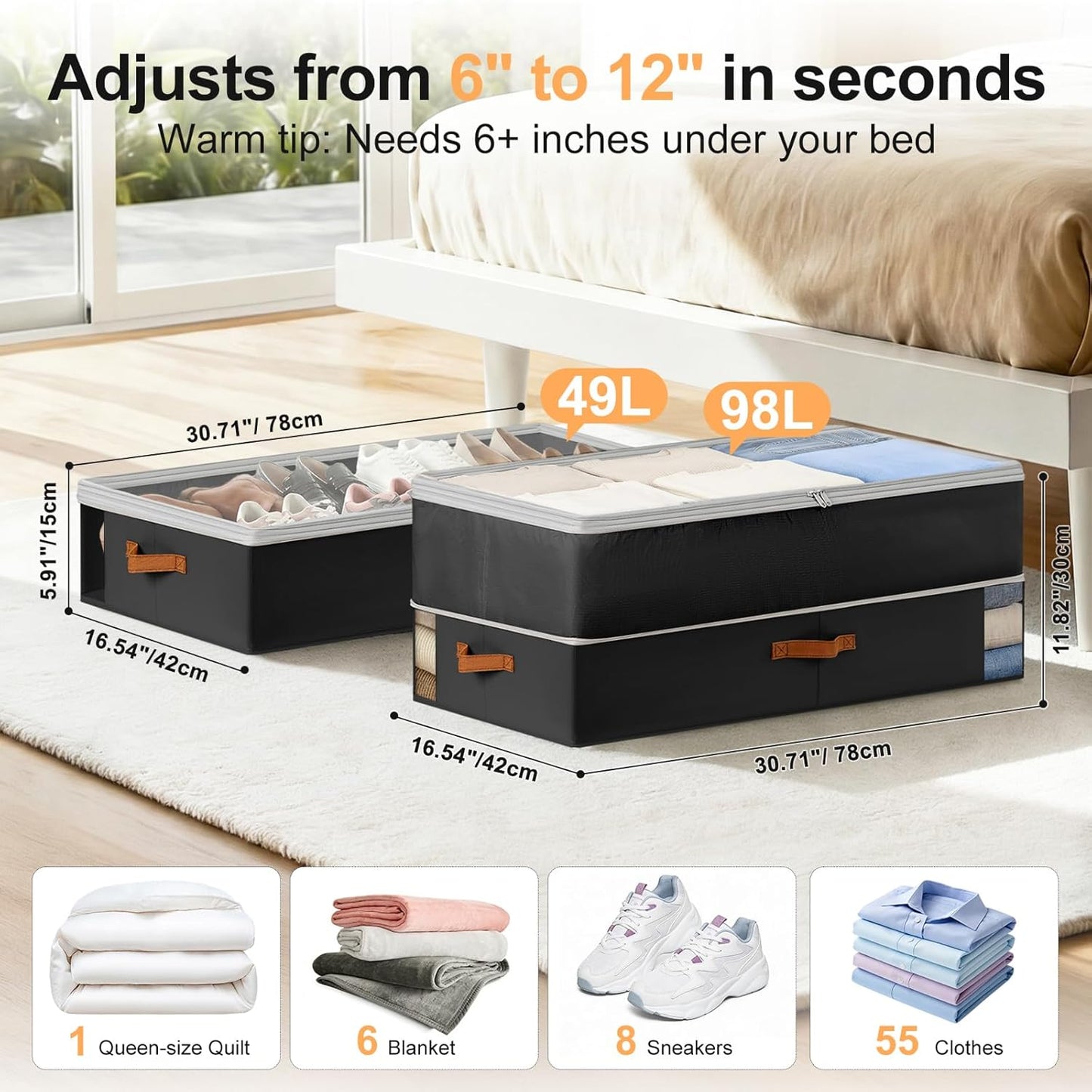 Under Bed Storage Bins - 98L Height-adjustable Under Bed Storage Containers, Compression Blanket Storage Comforter Storage Sweater Storage, Clothes Storage Bins With Clear Window, 2 Pack Black