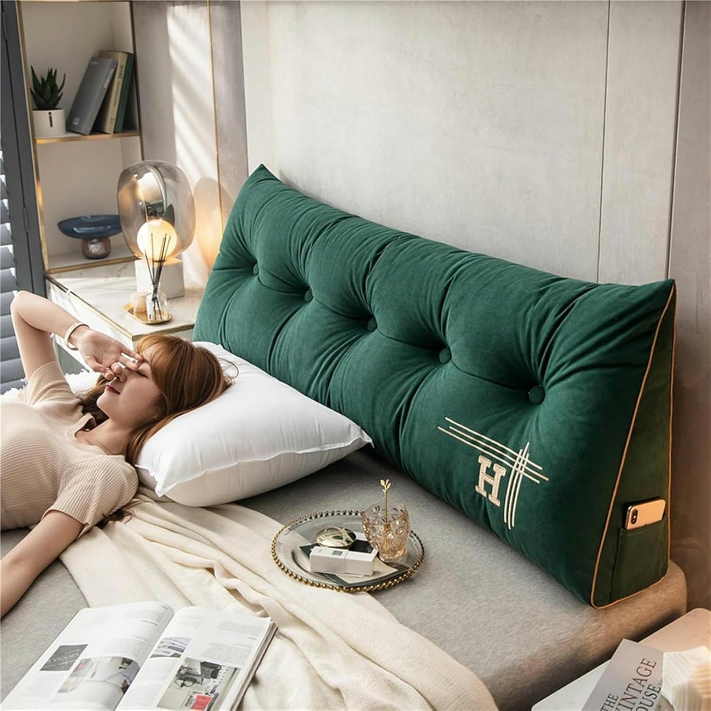Bed Rest Reading Wedge Headboard Backrest Tufted Pillow, Large Bolster Triangular Headboard Pillow with Pocket and Removable Cover, Back Support Pillow for Sleeping