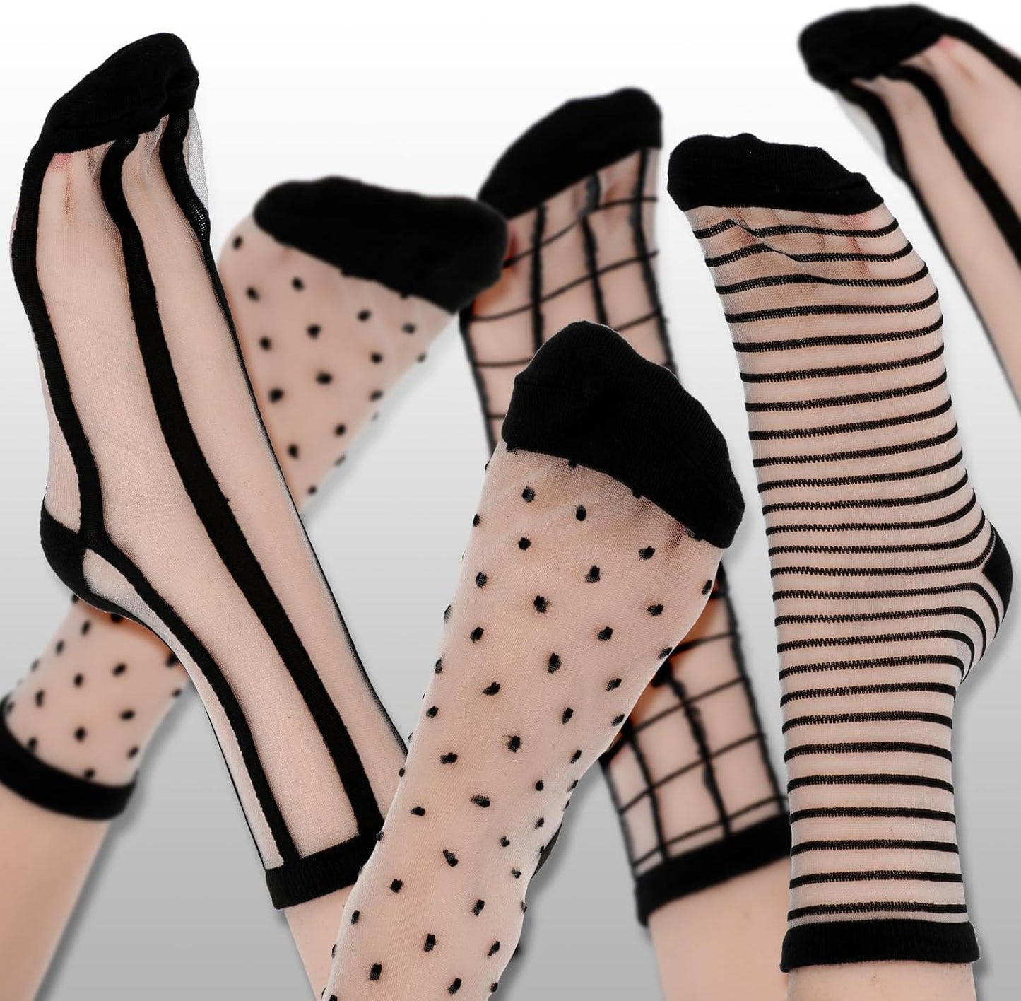 Lusofie 5 Pairs Sheer Black See-Through Socks - Checkered Dot Striped Plaid Ankle Summer Socks for Women - Thin Fashion
