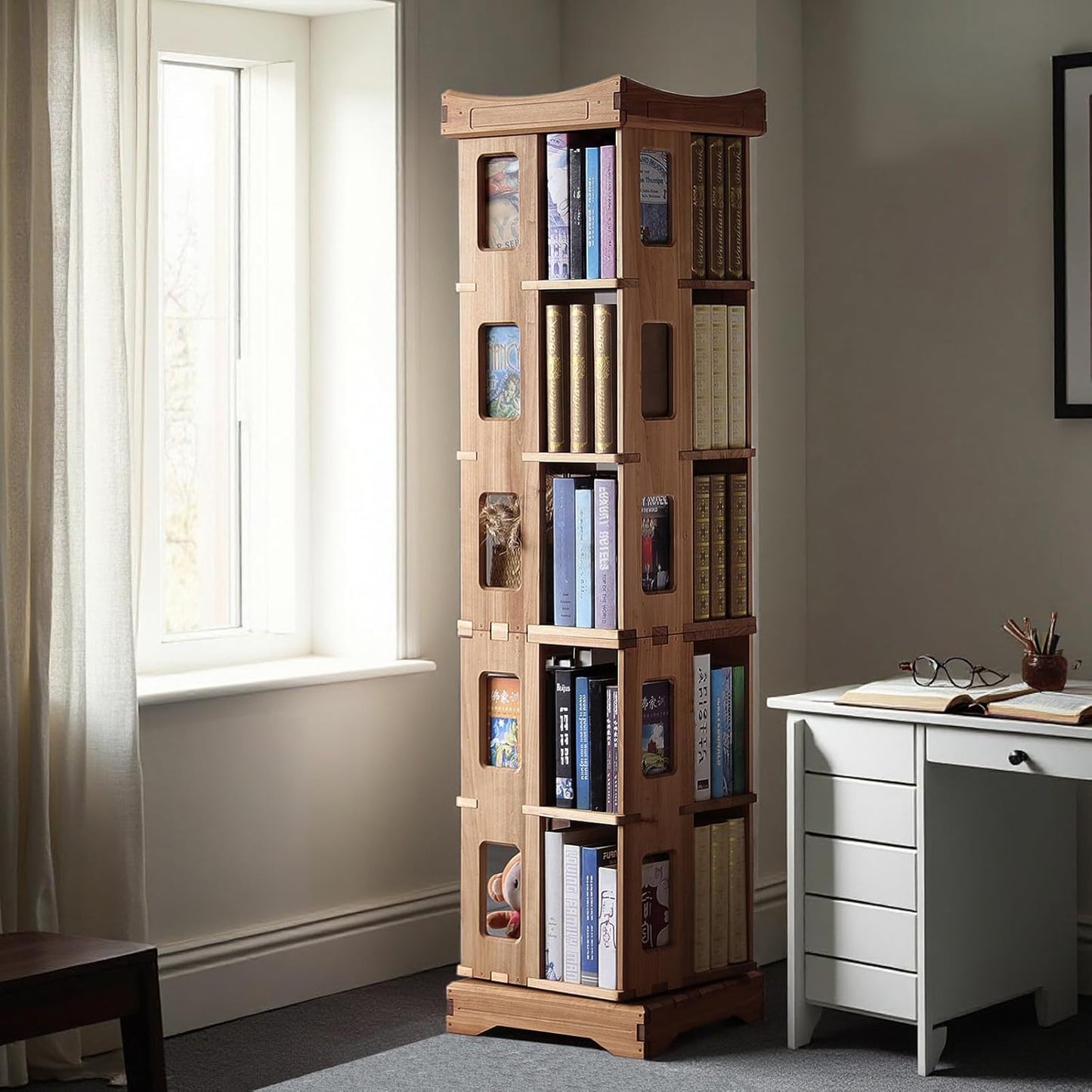 Wooden Rotating Bookshelf, Larger Solid Wood Revolving Bookcase,360°Spinning Book Shelf Tower,Floor Standing Storage Rack,Corner Organizer for Small Space,Study,Office,17"x17"x44"(3-Tier)