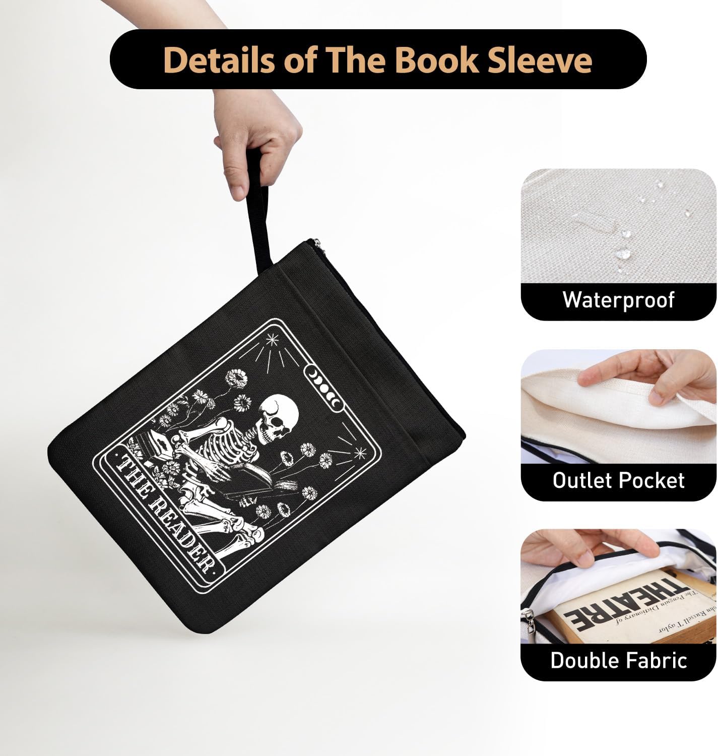 Dark Academia Gifts for Book Lovers - The Reader Skeleton & Floral Book Sleeve | Vintage Waterproof Cover for Poe/Lovecraft Fans (Library Approved)