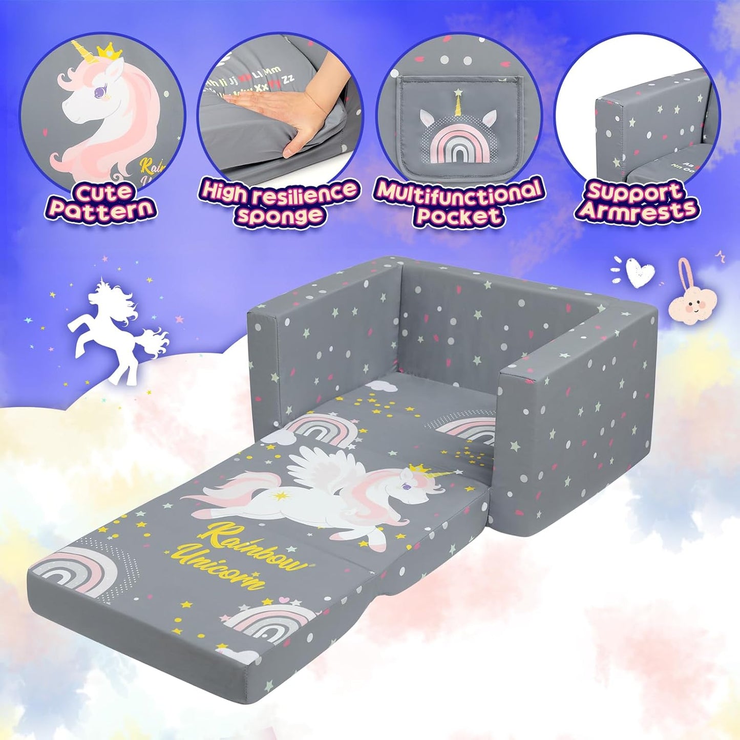 ALIMORDEN 2-in-1 Flip Out Comfy Toddler Couch, Lovely Kids Chair Convertible Sofa to Lounger for Story/Nap Time, Grey Unicorn