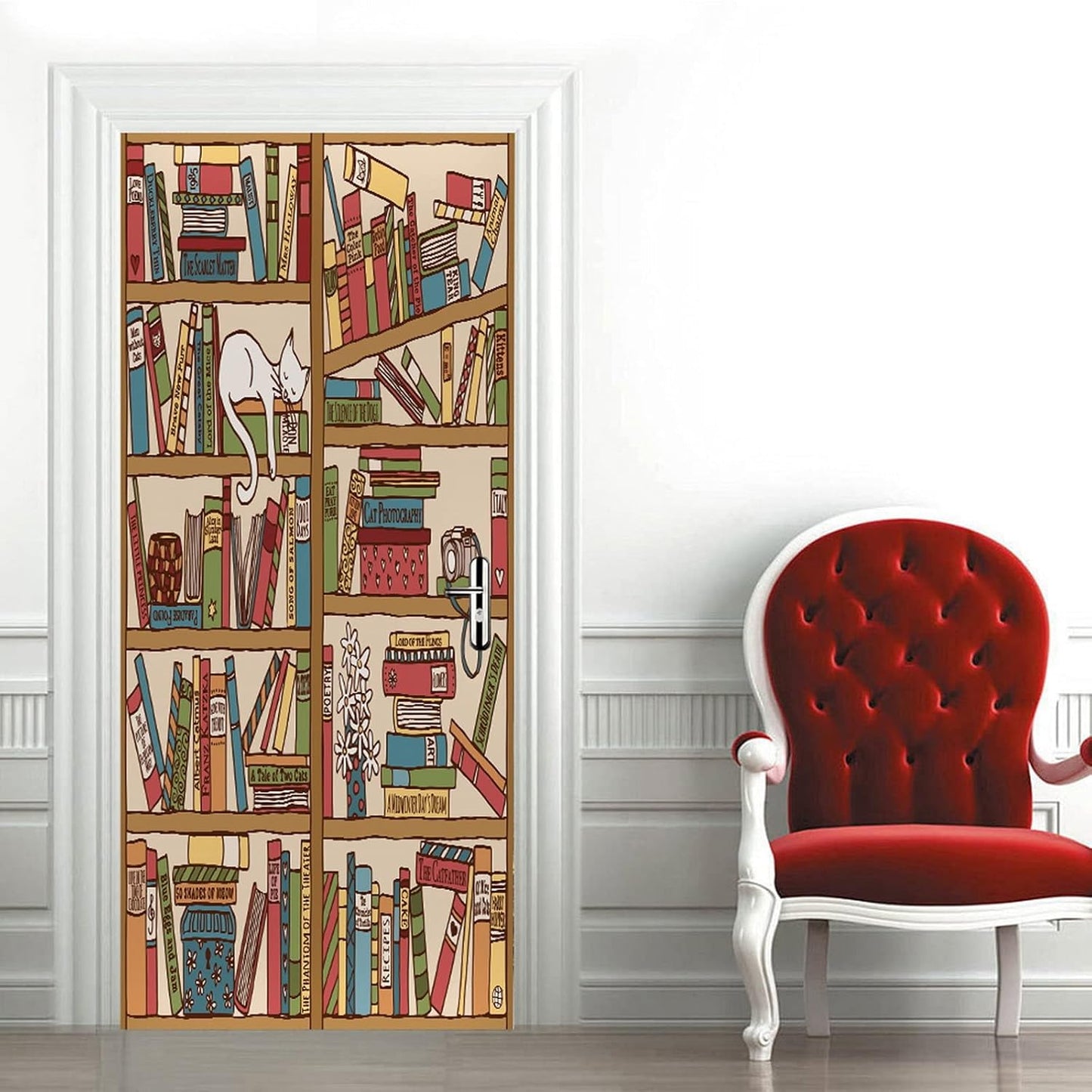 3D Door Stickers for Interior Doors Hand Drawn Bookshelf with Sleeping Cat Vinyl Waterproof Self Adhesive Door Mural Decals for Bedroom Office Bathroom 77 x 200 cm
