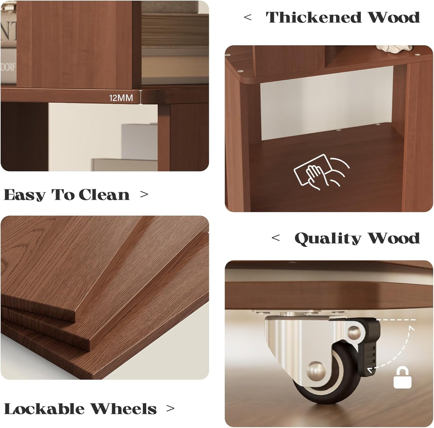 4 Tier Solid Wood Rotating Bookshelf Tower on Wheels, 360° Upgrade Spinning Book Shelf, Revolving Bookcase Organizer, Swivel Bookshelves for Small Spaces, Corner, Bedroom, Kids Room, Office (Walnut)