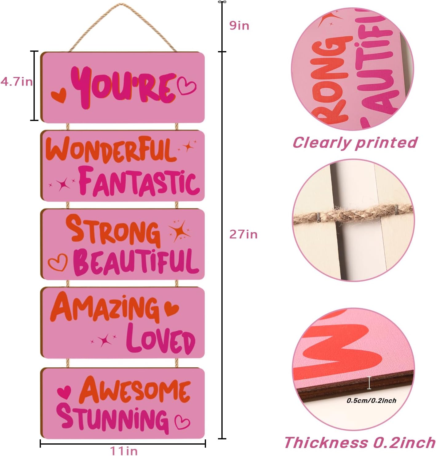 Pink Room Decor Aesthetic, Wooden Hanging Plaque Girls wall Decor Inspirational Girly Wood Wall Art for Kids Teenage Home Bedroom Nursery Classroom Dorm