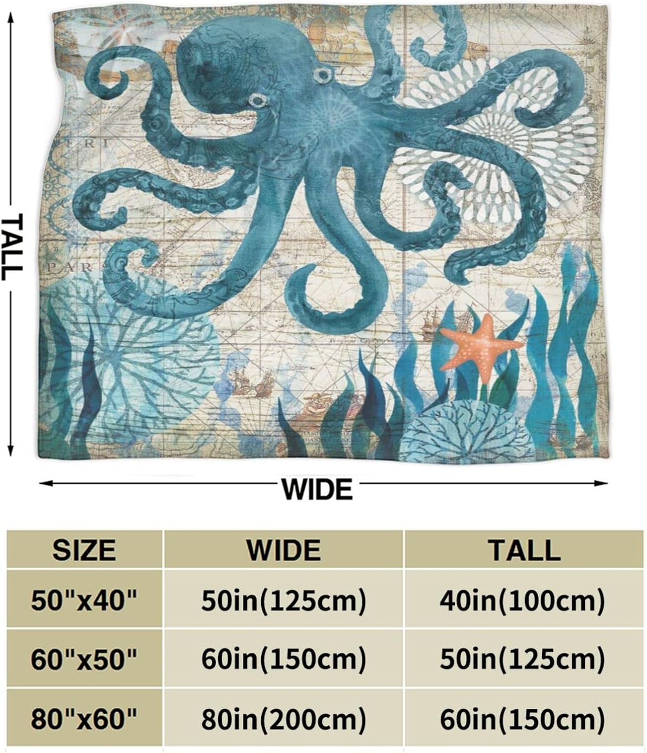 Blue Octopus Nautical Map Fleece Throw Blanket Ultra Soft Cozy Decorative Flannel Blanket All Season for Home Bed Couch Chair Travel 80x60in