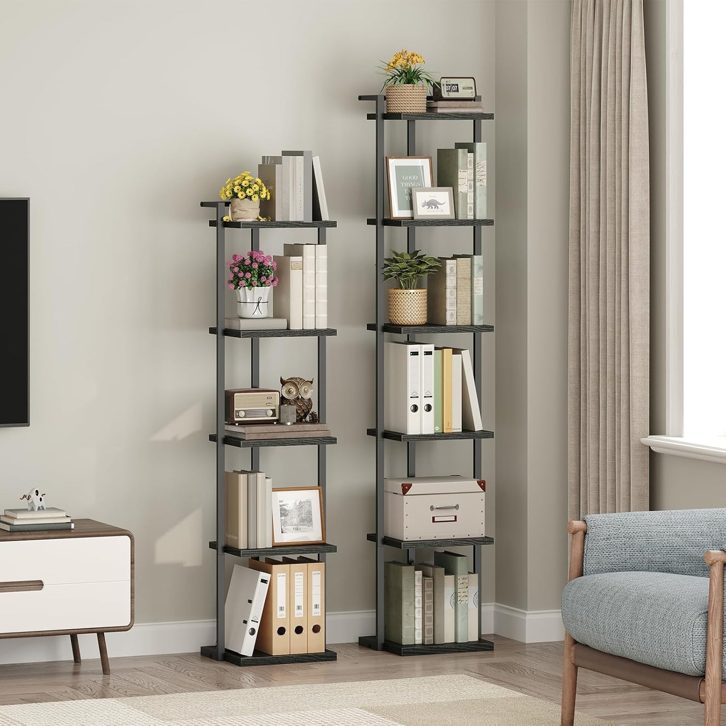 Bookshelf, 6-Tier Bookcase, Vertical Tall Narrow Book Shelf for Small Space, Open Storage Display Shelf with Stable Base & Anti-Tip Kits, for Living Room, Office, Study, Black BKBK11601