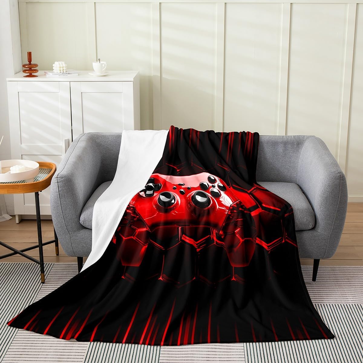 Erosebridal Kids Gamer Blanket Twin 60x80 for Boys,Gaming Throw Blanket for Girls Kids,Cool Video Game Black Flannel Blanket,Red Geometric Honeycomb Sherpa Blanket All Season Gamepad for Chairs