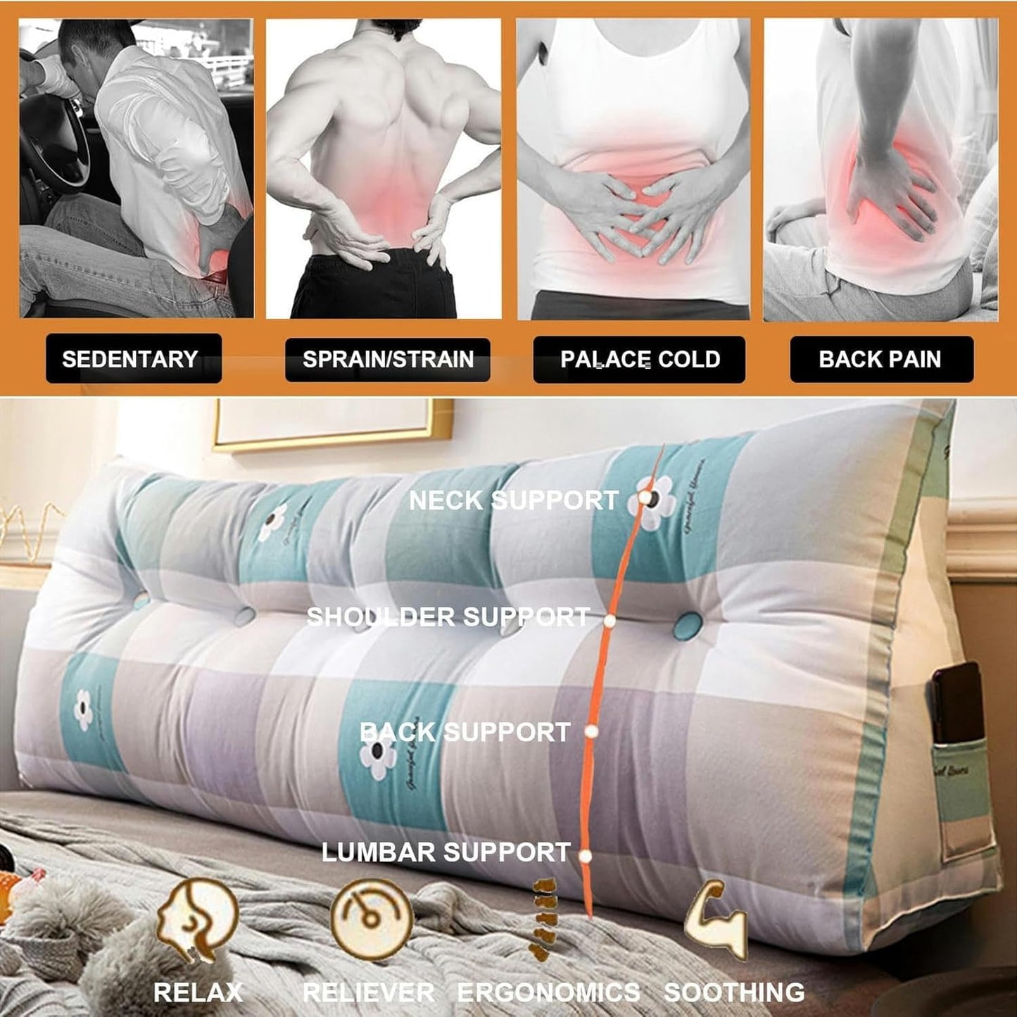 Large Triangular Headboard Wedge Bed Rest Reading Pillow Removable Backrest Triangle Positioning Support Bolster Cushion for Day Bed Dorm,Plaid2,King/78.7 inches, Flower1