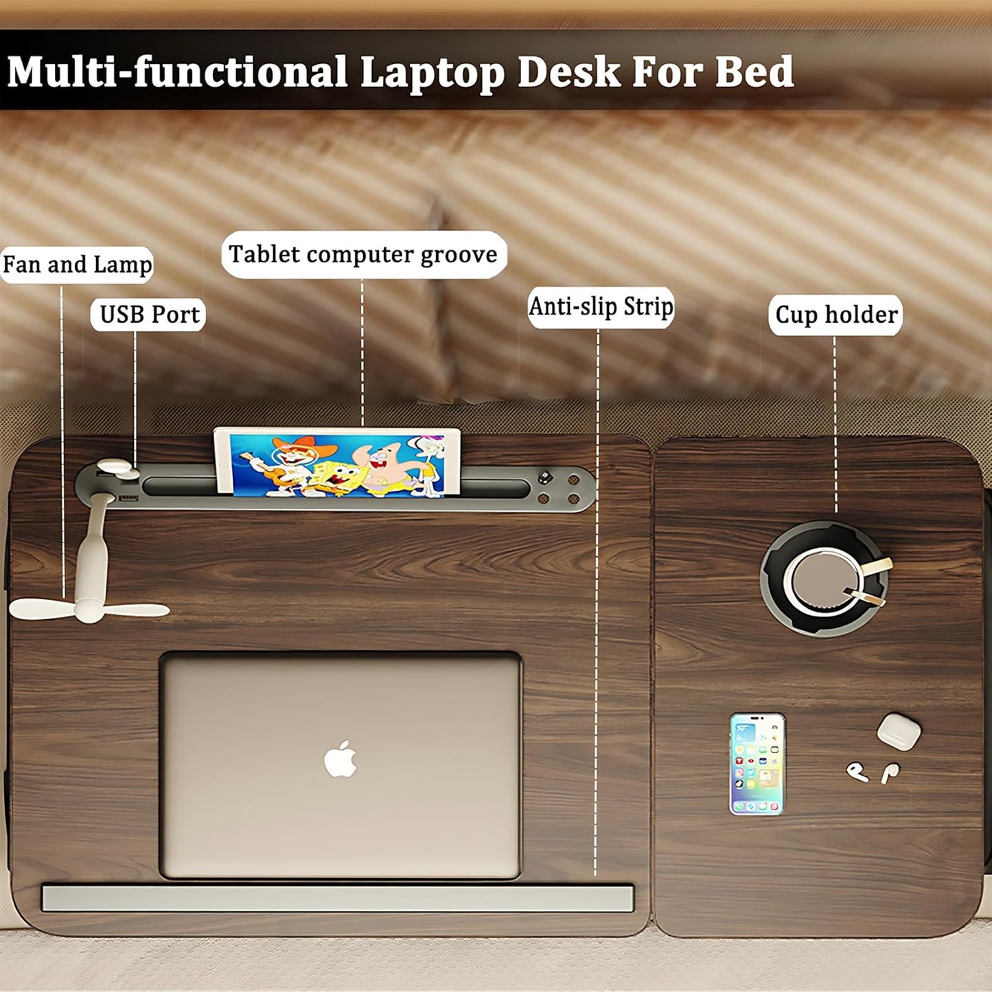 Adjustable Laptop Stand for Bed, Lap Desk, Portable Laptop Table with Cup and Tablet Card Slot, with Baffle Design to Prevent Items from Falling, Suitable for Studying and Working (Black-Upgraded)