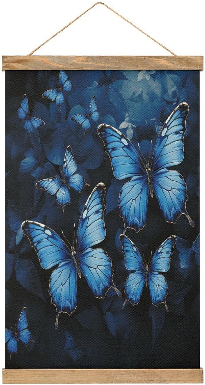 Vintage Dark Blue Butterflies Poster with Wooden Frame Personalized Linen Hanging Scroll Painting Rustic Wall Hanging Illustrative Modern Artwork Decor for Home Living Room Bedroom Office