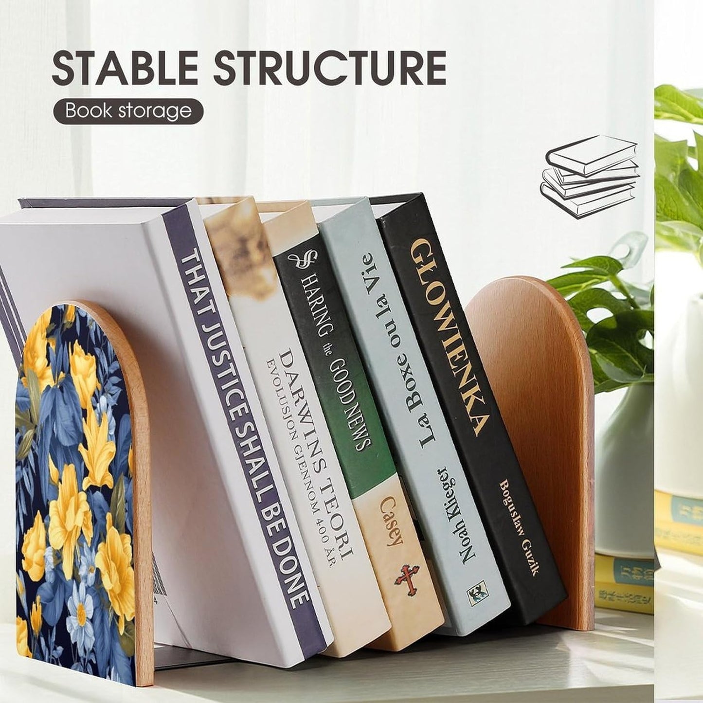Blue Base Yellow Floral Bookend for Shelves Wooden Book End Large Size Sturdy Book Holders Stoppers with Metal Base for Bookshelves Slick Decorative Bookends Stands