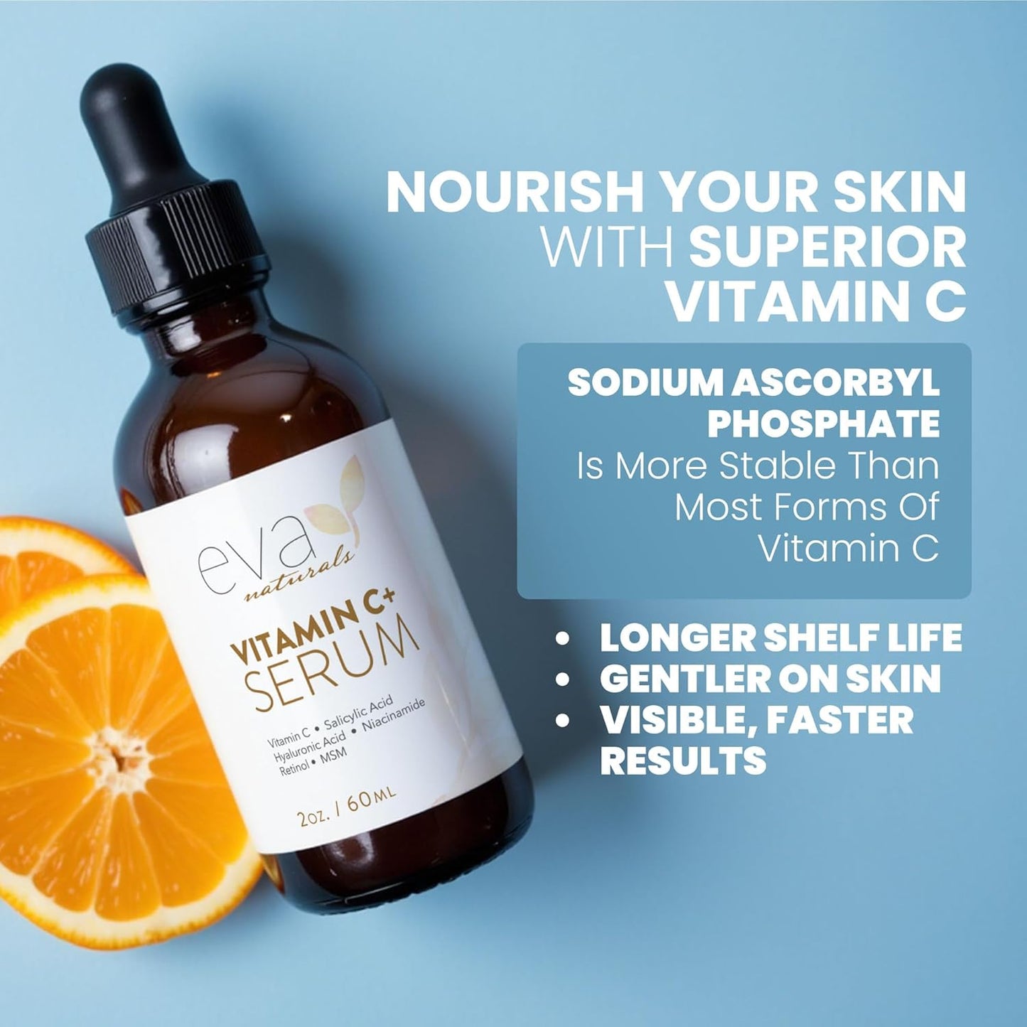 Eva Naturals Vitamin C Serum Plus – Facial Serum with Hyaluronic Acid, Niacinamide, Retinol, and Salicylic Acid – Hydrating and Smoothing Skin Formula – 2 oz