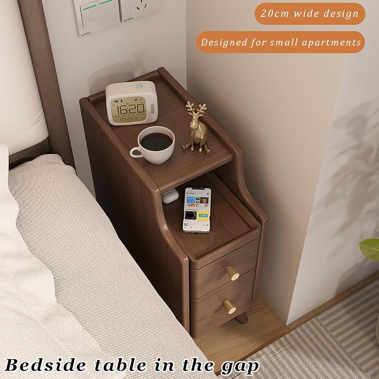 Solid Wood Nightstand with 2 Drawer, Narrow Bedside Tables with Bookshelf, Mid Century Modern Slim Skinny Side Table for Bedroom, Living Room, Small Spaces (25x40x50cm(10x16x20inch), Walnut)