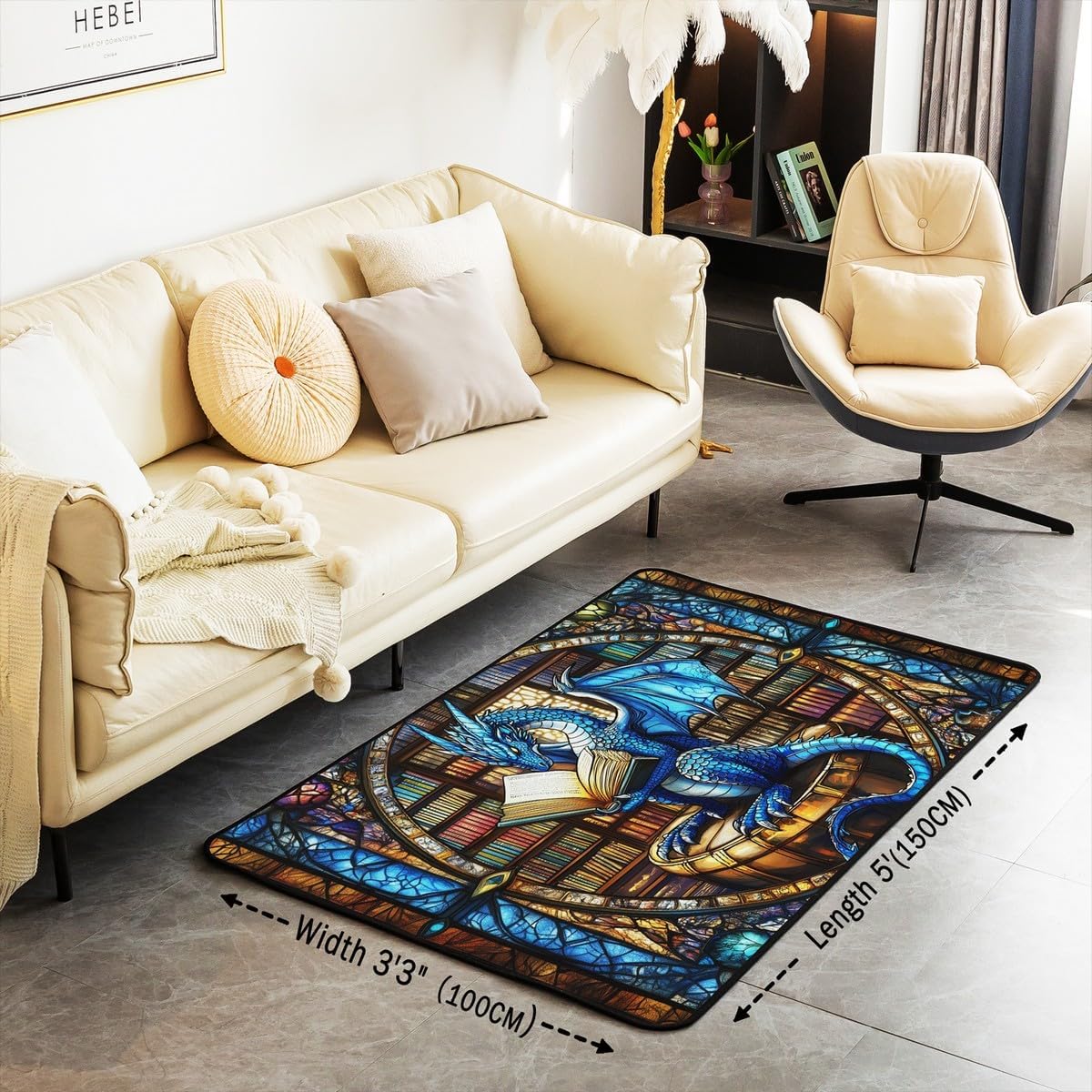 Western Dragon Kids Area Rug,Blue Dragon Reading Book Bookshelf Mats Rugs for Boys Girls,Geometric Patchwork Abstract Bath Carpets,Trippy Chic Bath Rugs,Absorbent Floor Mats,5'x6'6''