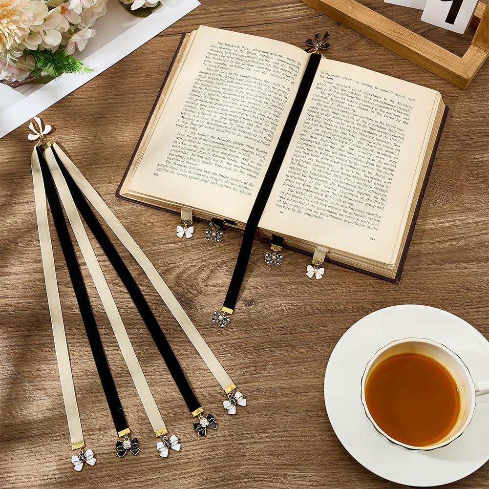2Pcs Ribbon Bookmark Velvet Ribbons Bible Bookmarks Black White Velvet Ribbons Book Marks with Alloy Bowknot Pendant Multi-Strand Bible Book Marks for Women Men Book Lovers