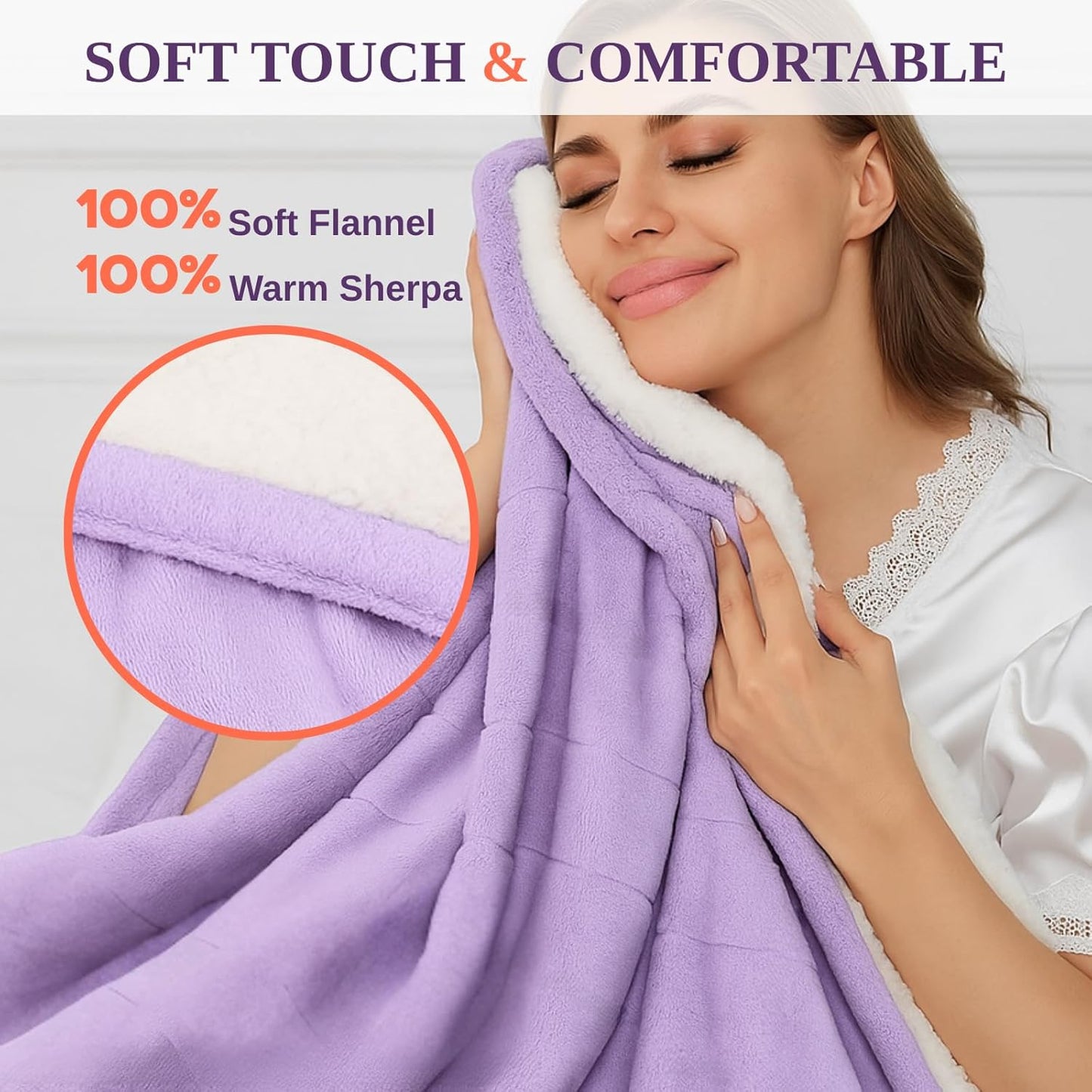 Electric Heated Throw Blanket Sherpa 50"x60" Purple Machine Washable 6 Heat Settings 4 Hours Auto Off Overheat Protection for Home Office Use