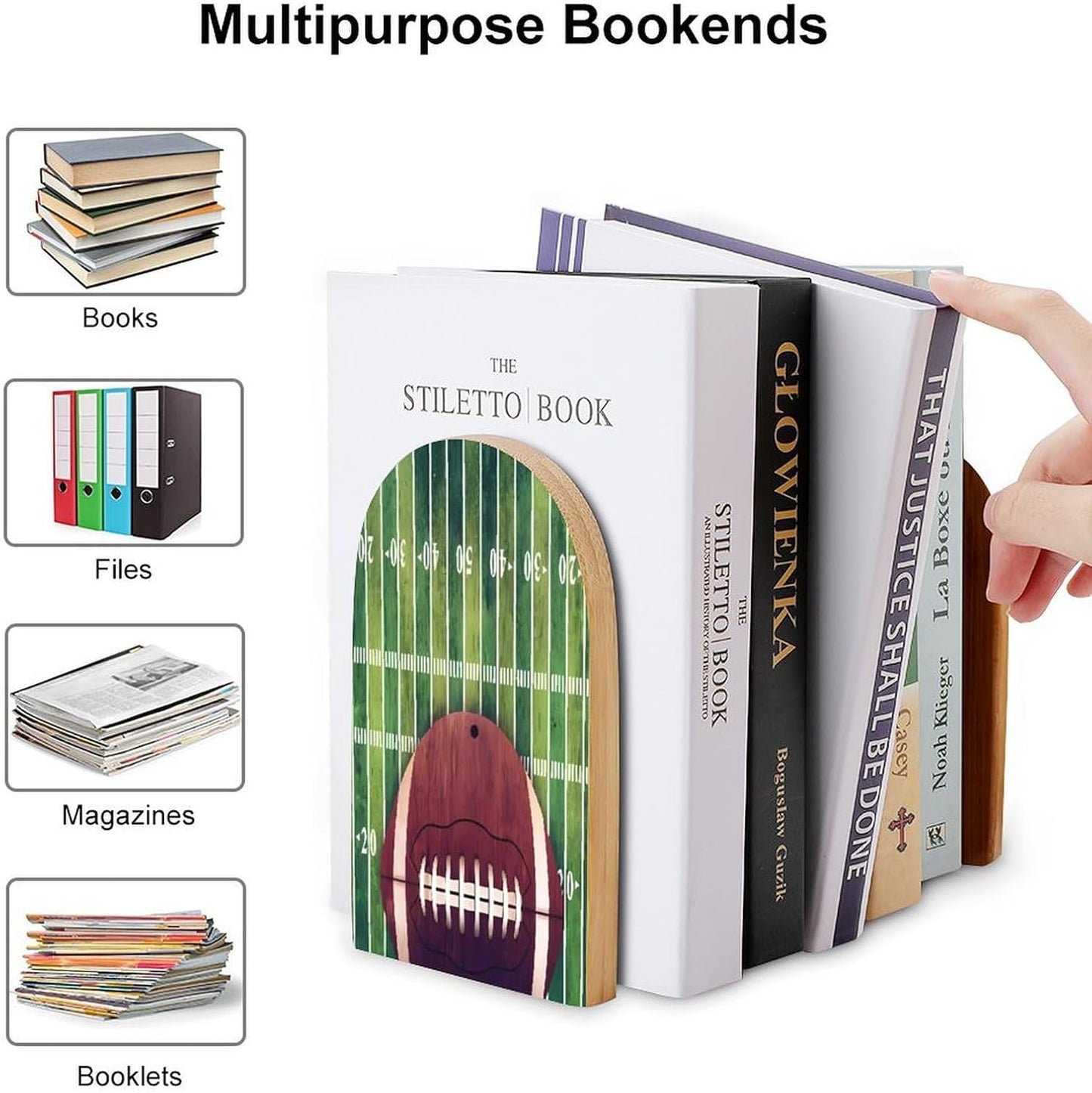 American Football Field and Ball Wooden Bookend Non-Slip Book Ends Heavy Duty Book Stopper with Metal Base Books Holderd Decorative Bookends Stands Firmly for Office Supplies