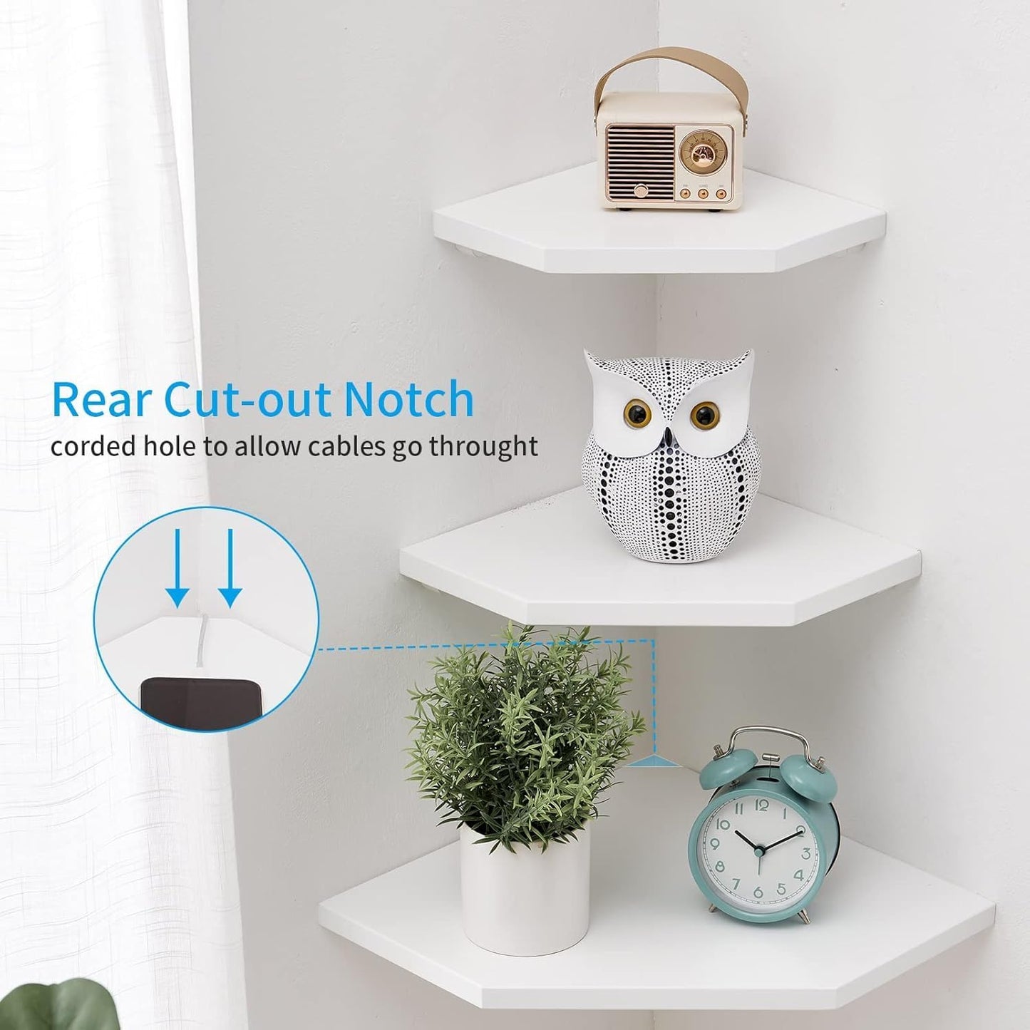 Corner Floating Shelves, White Corner Wall Shelf Set of 2, Solid Oak Wood Corner Shelves Wall Mount Shelf with Wire Hole Small Plant Display for Kitchen Living Room Bedroom
