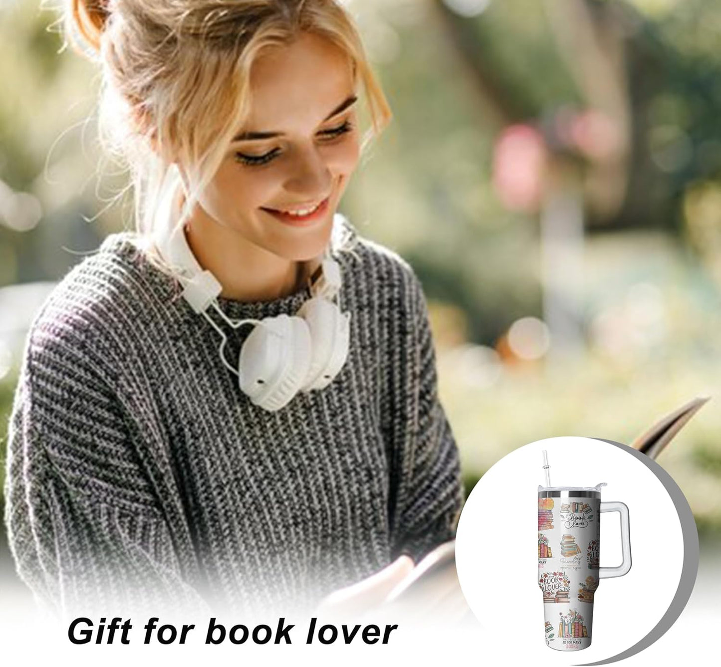 40oz Book Lovers Gifts Reading Tumbler with Lid and Straw for Women, Stainless Steel Insulated Cup, Coffee Mug Water Bottle for Bookworm Readers Librarian Bookish