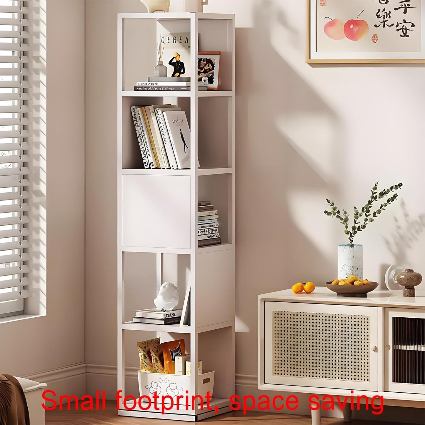 Rotating bookshelf,book shelf,rotating bookshelf,bookshelves,spinning bookshelf,metal bookshelf,rotating book shelf,Suitable for living room, bedroom, study, office, living room corner(White,30x30x63c